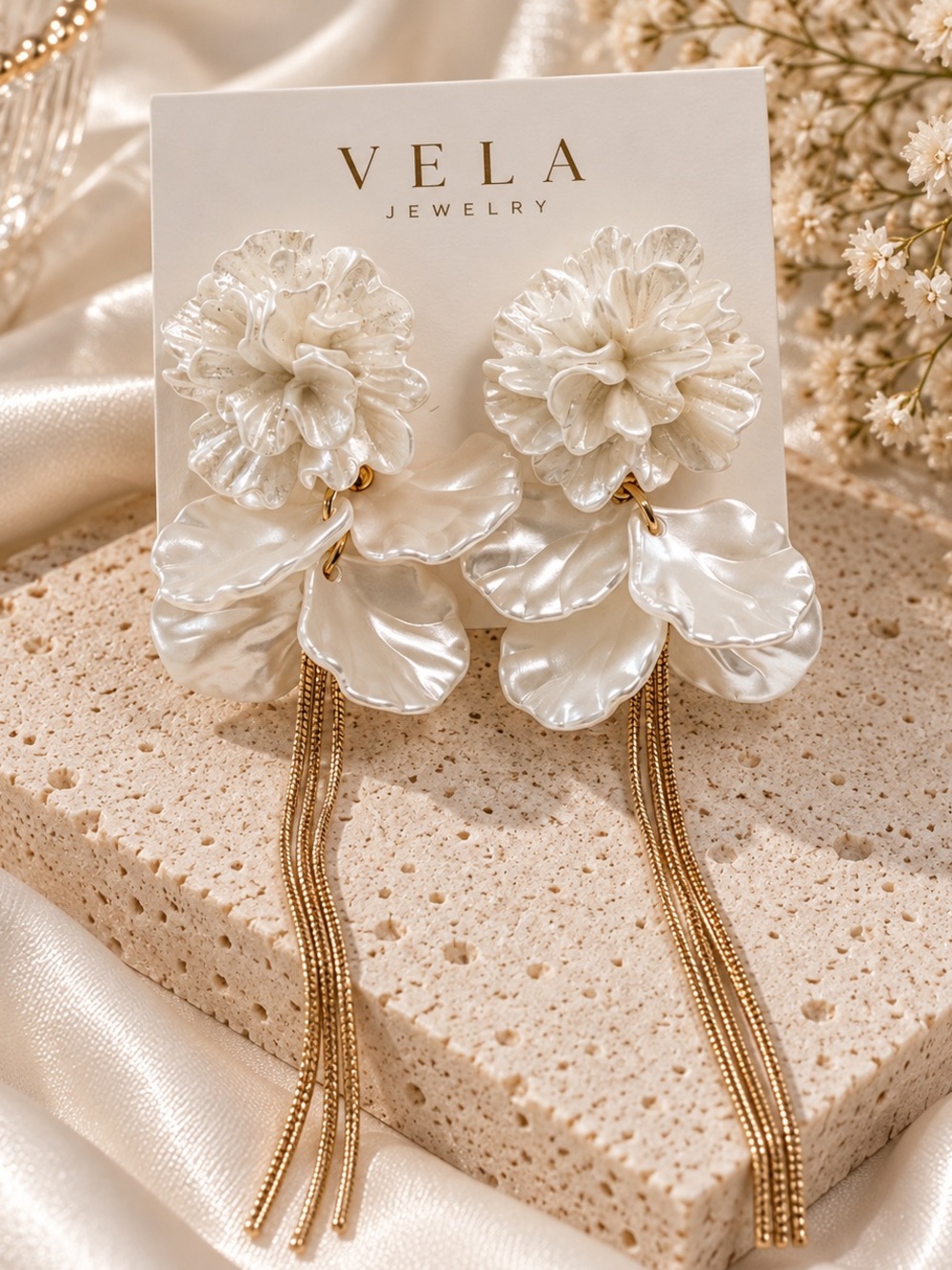 White Floral Drop Earrings with Gold Tassels